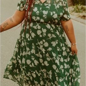 Dark Green Floral Print Midi Dress